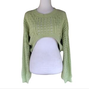 Cider Green Open Cable Knit Cropped Front Long Sleeve Sweater Size Large